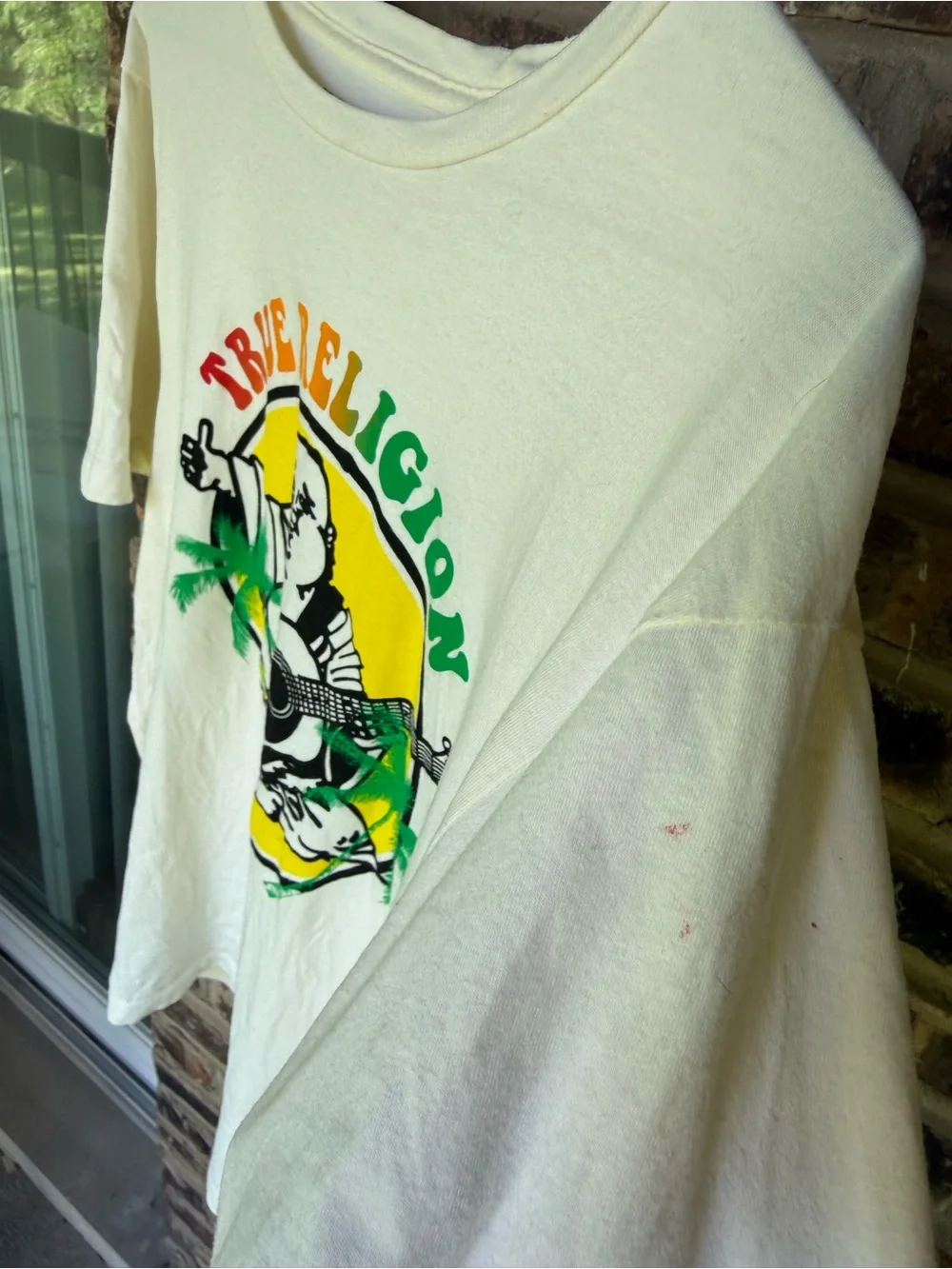 True Religion White Graphic Tee with Guitar Buddha